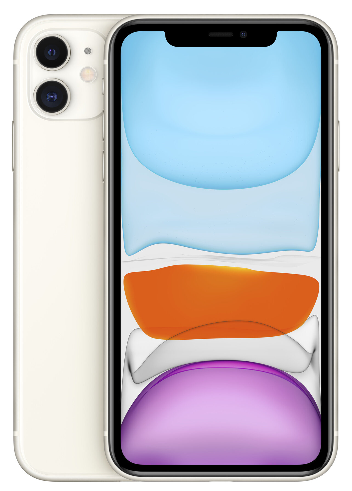 Kremowy iPhone z kolorową abstrakcyjną tapetą, na białym tle.