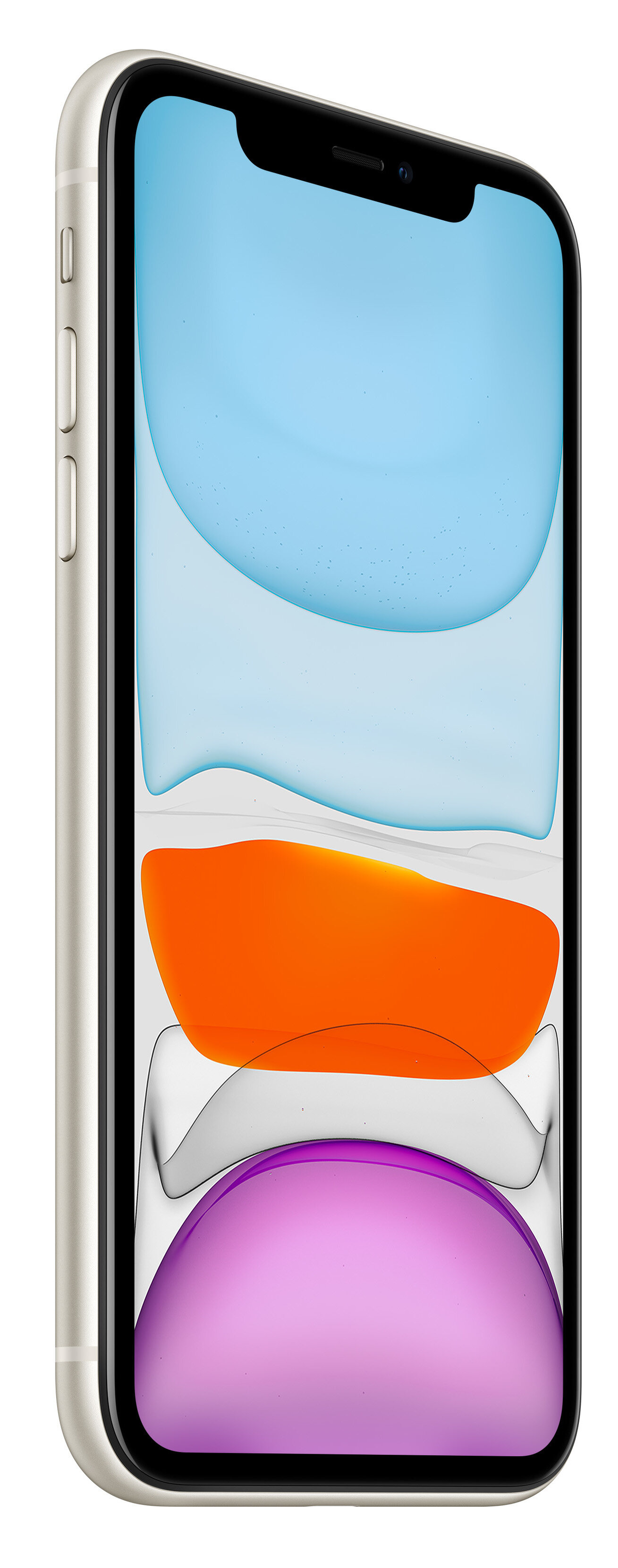 Biały iPhone z kolorową abstrakcyjną tapetą, widok z boku.