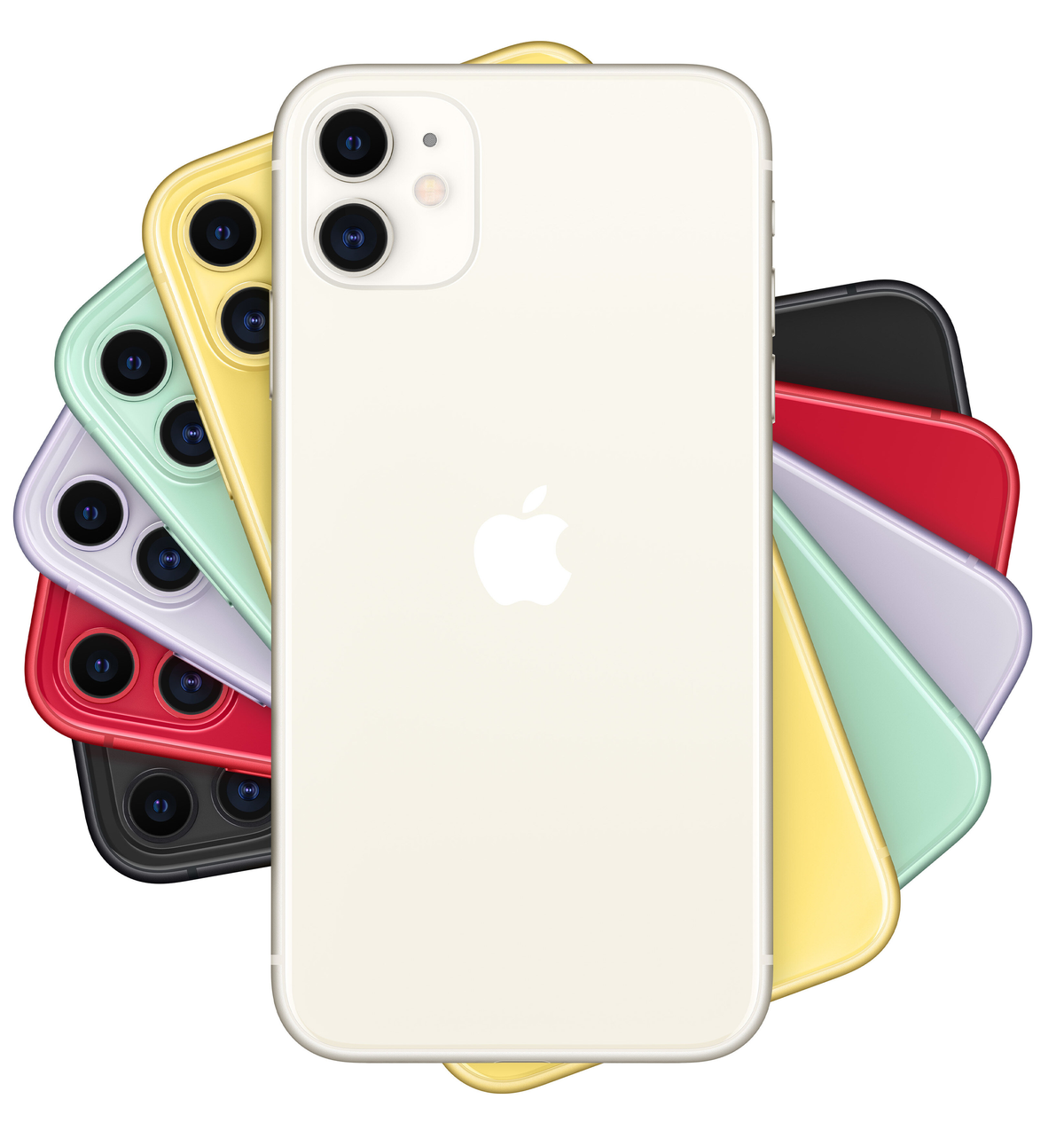 Grupa telefonów iPhone Apple w różnych kolorach. Telefony ułożone są w okrąg.
