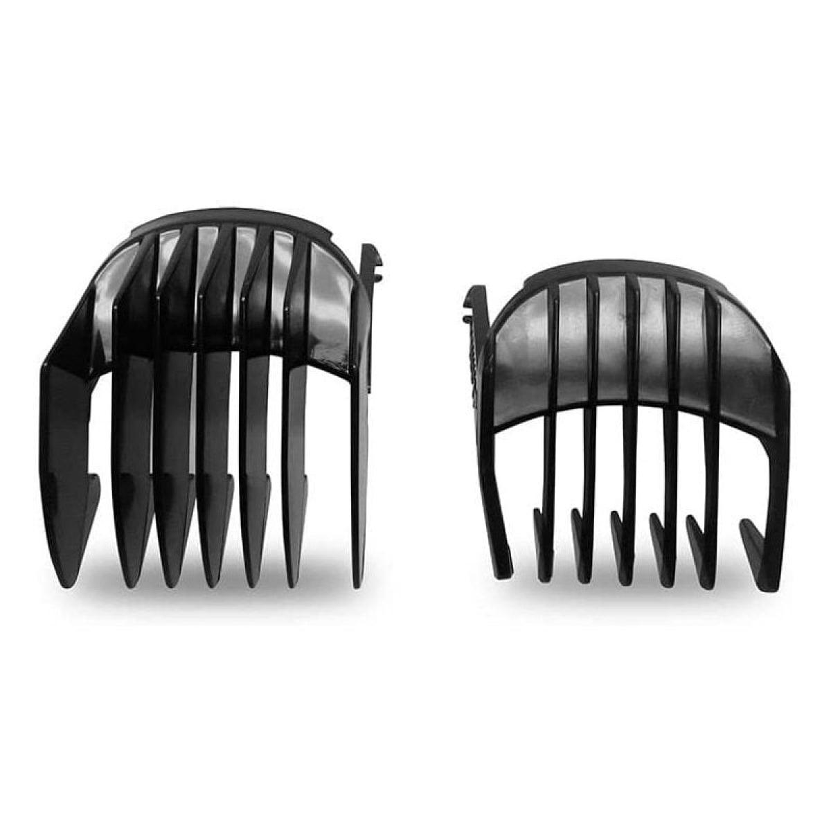 Dos protectores negros para cortapelos, uno grande y otro pequeño, uno al lado del otro sobre fondo blanco.