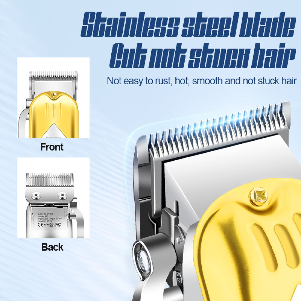 Maszynka do włosów z ostrzem ze stali nierdzewnej. Tekst: Tnie, nie zacina. Widok z przodu i z tyłu.