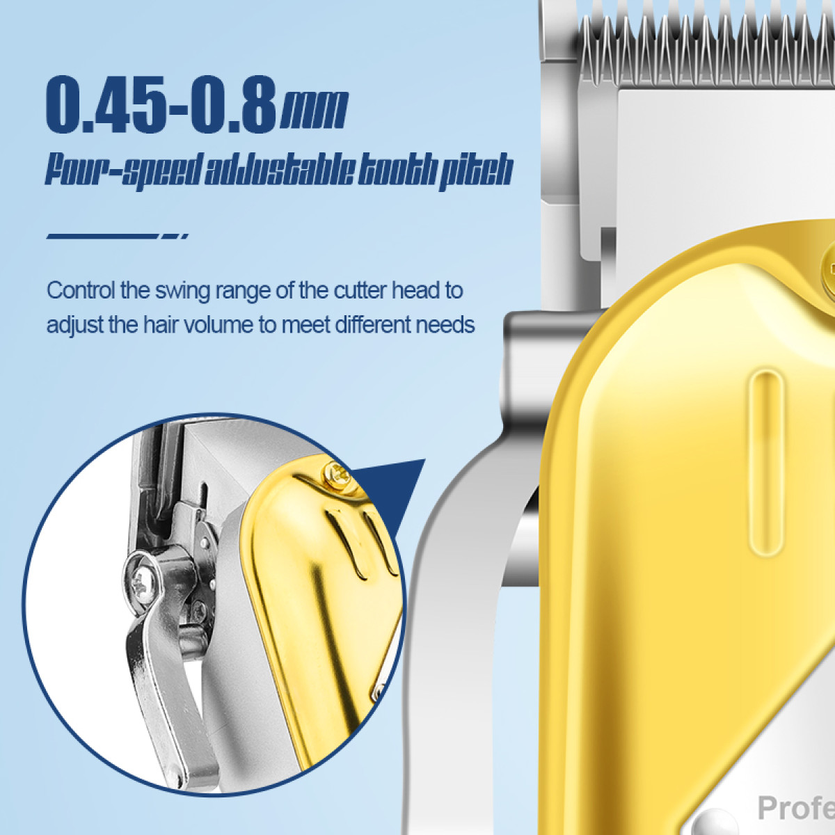 Zbliżenie głowicy maszynki do strzyżenia włosów, z tekstem o regulowanym skoku zębów.