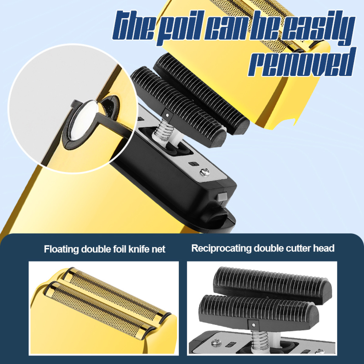 Golarka elektryczna ze szczegółami głowic tnących i folii. Tekst: folię można łatwo usunąć.