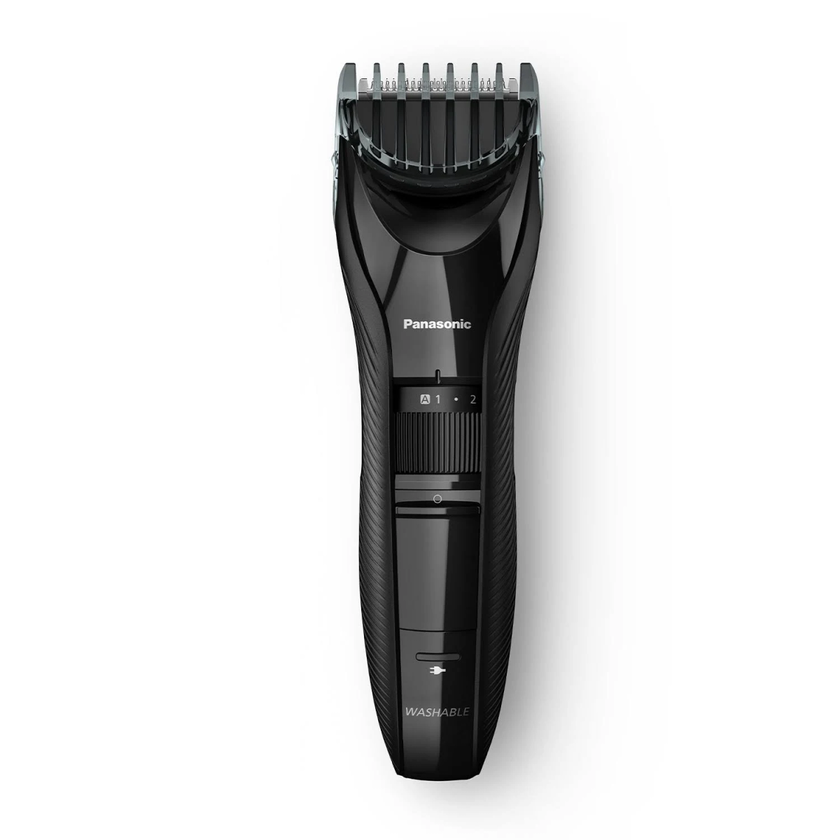 Ein schwarzer Panasonic Barttrimmer. Der Trimmer hat einen schwarzen Körper und einen durchsichtigen Trimmaufsatz.