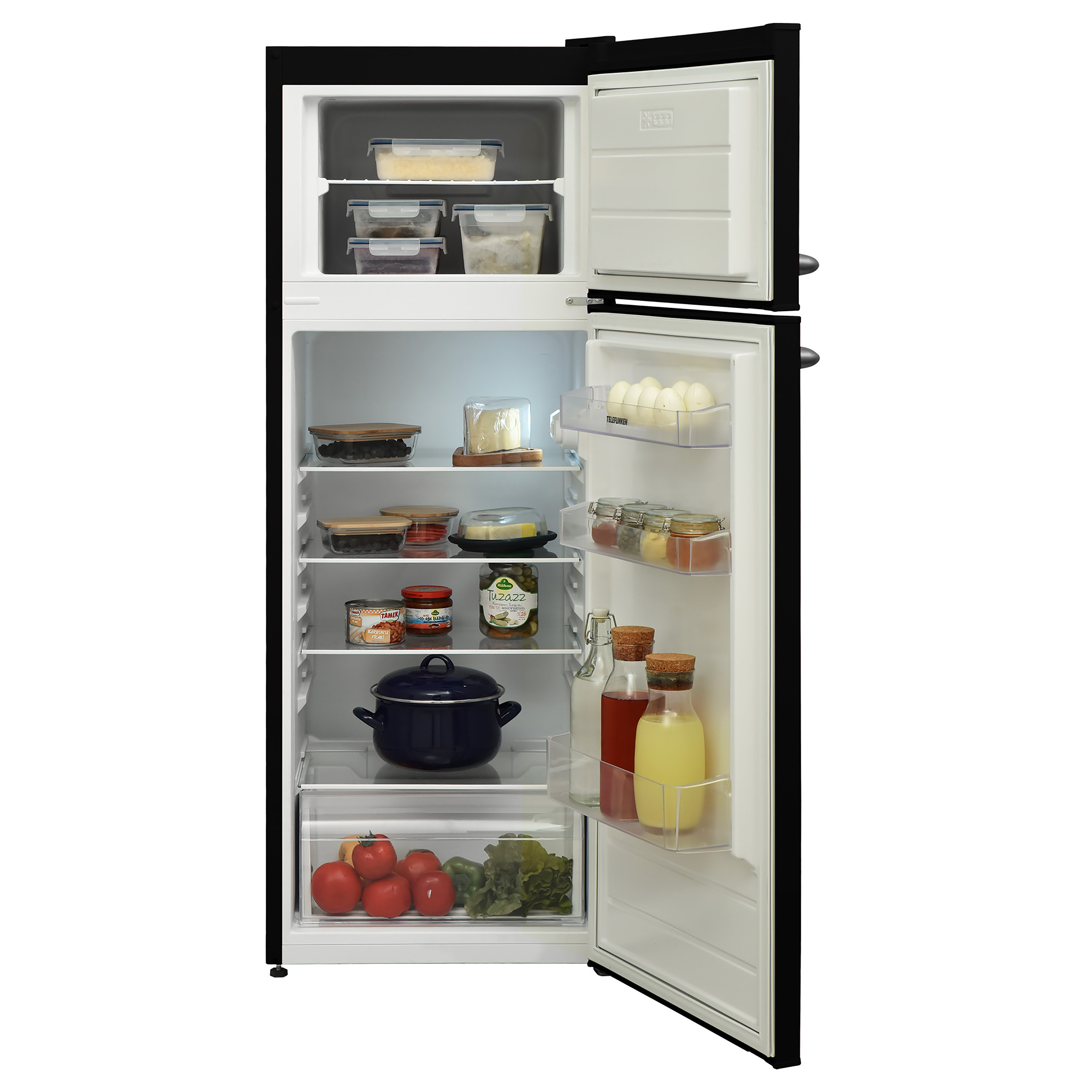 Offener Kühlschrank mit Essen. Enthält Regale, Schubladen mit verschiedenen Lebensmitteln.