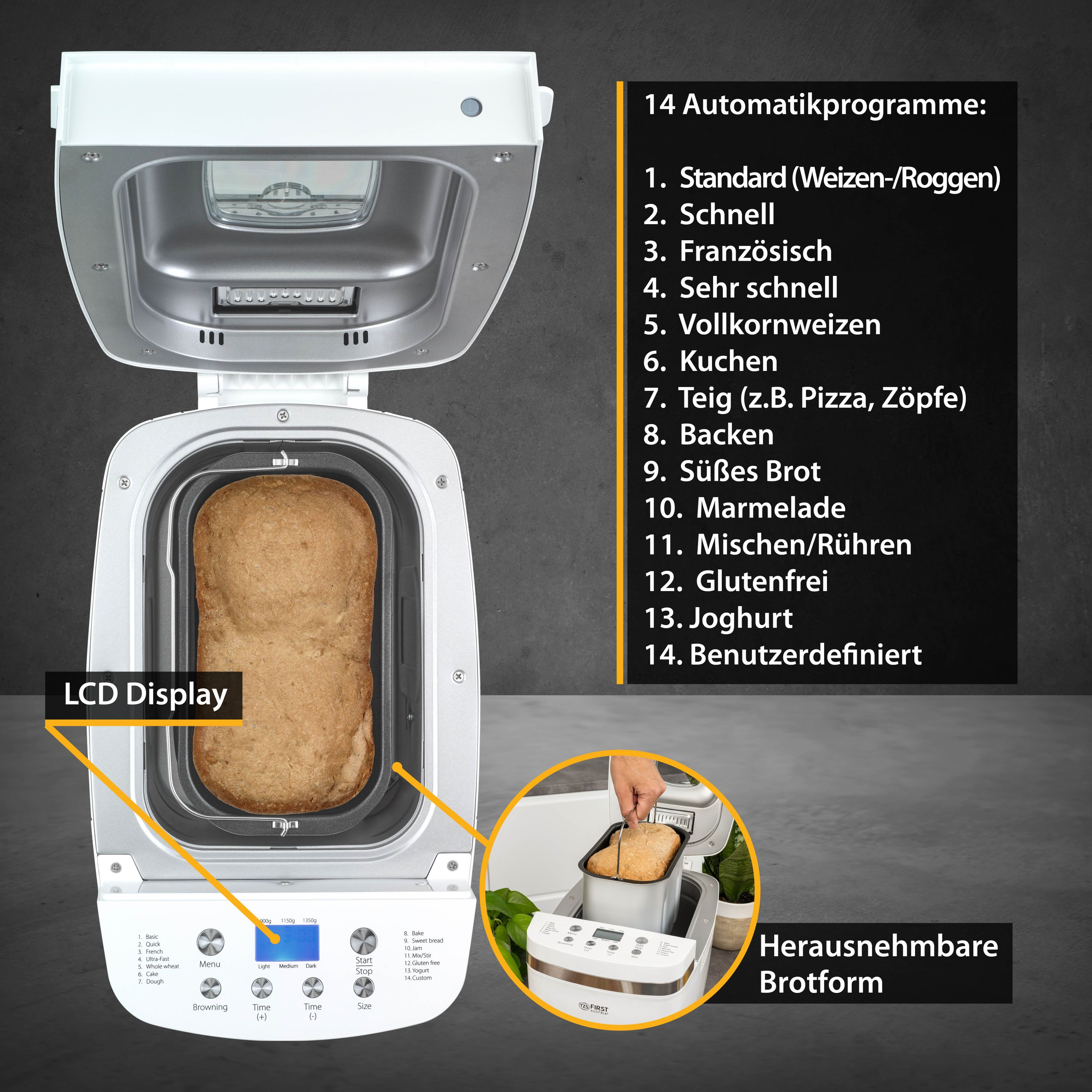 Ein Brotbackautomat mit offenem Deckel, Brot innen und Details des Bedienfelds.