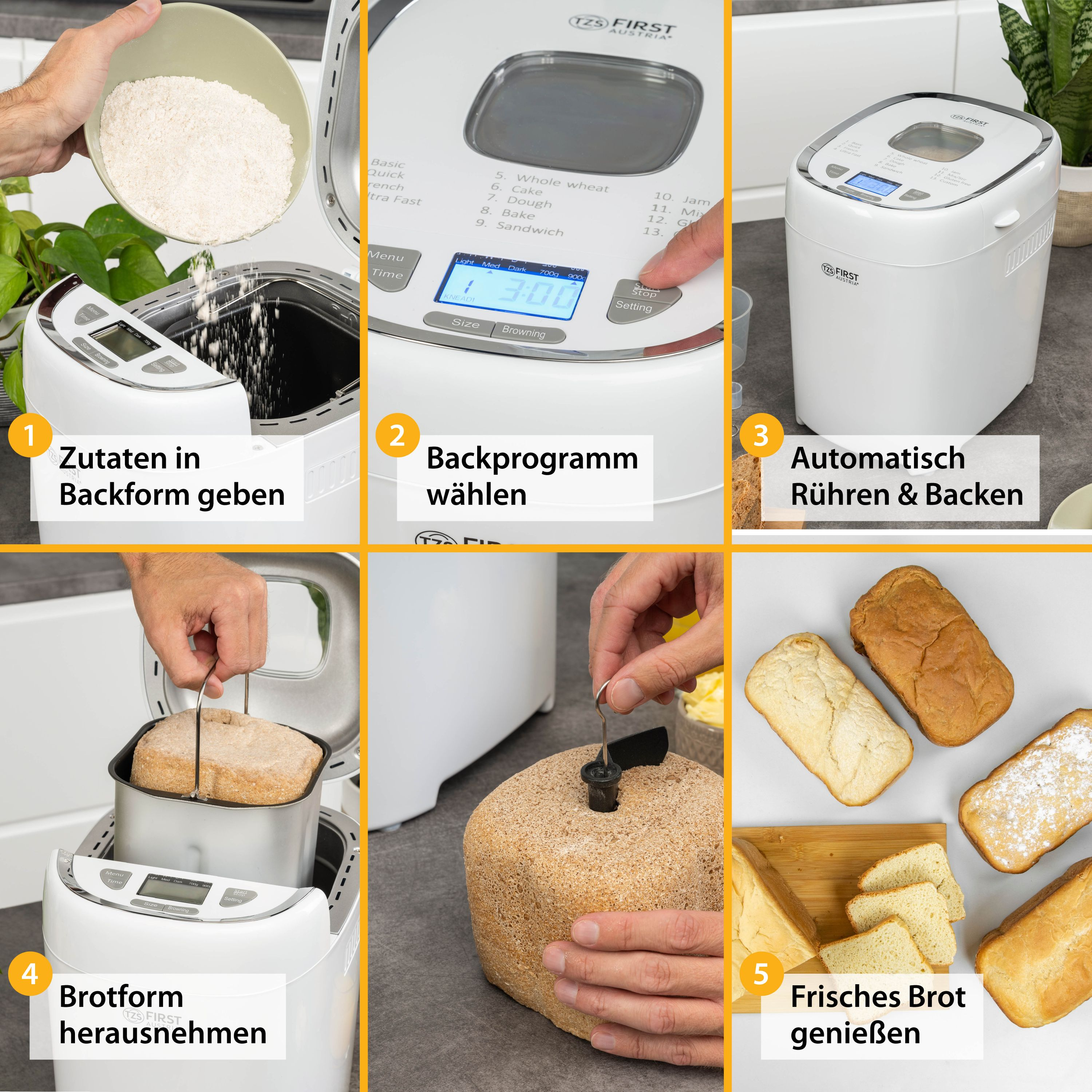 Eine Reihe von Bildern, die den Herstellungsprozess von Brot mit einem Brotbackautomaten zeigen.