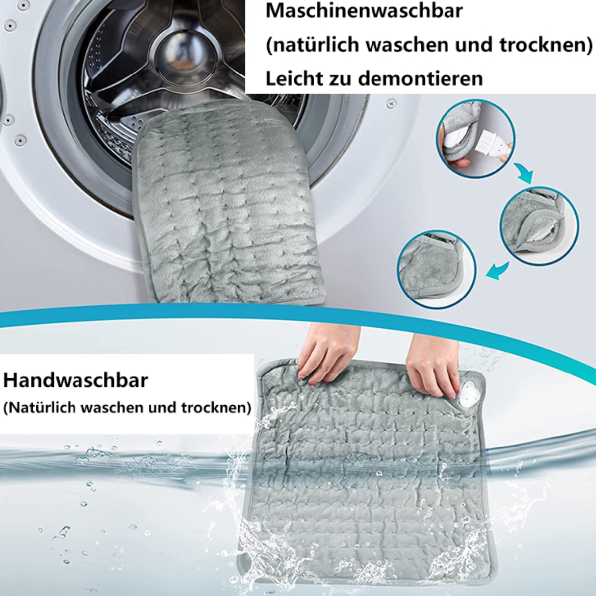 Ein Bild zeigt ein graues Heizkissen. Es hat eine Handwasch- und Maschinenwaschbeschreibung.