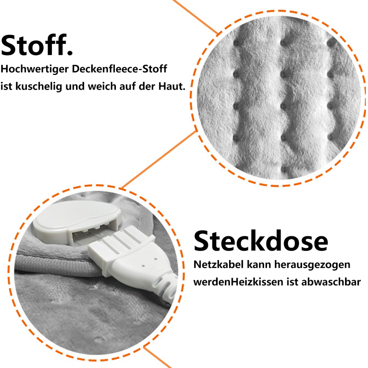Nahaufnahme einer grauen beheizten Decke mit Textbeschriftungen.