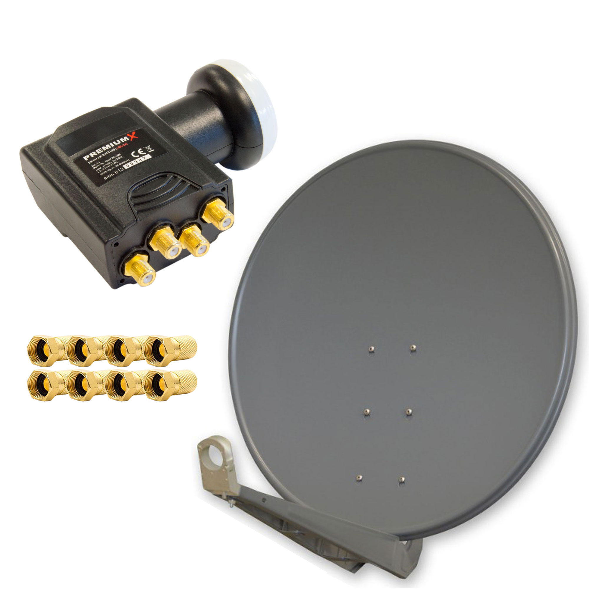 Satellitenschüssel, LNB und Anschlüsse. Die Schüssel ist grau, das LNB schwarz und die Anschlüsse goldfarben.