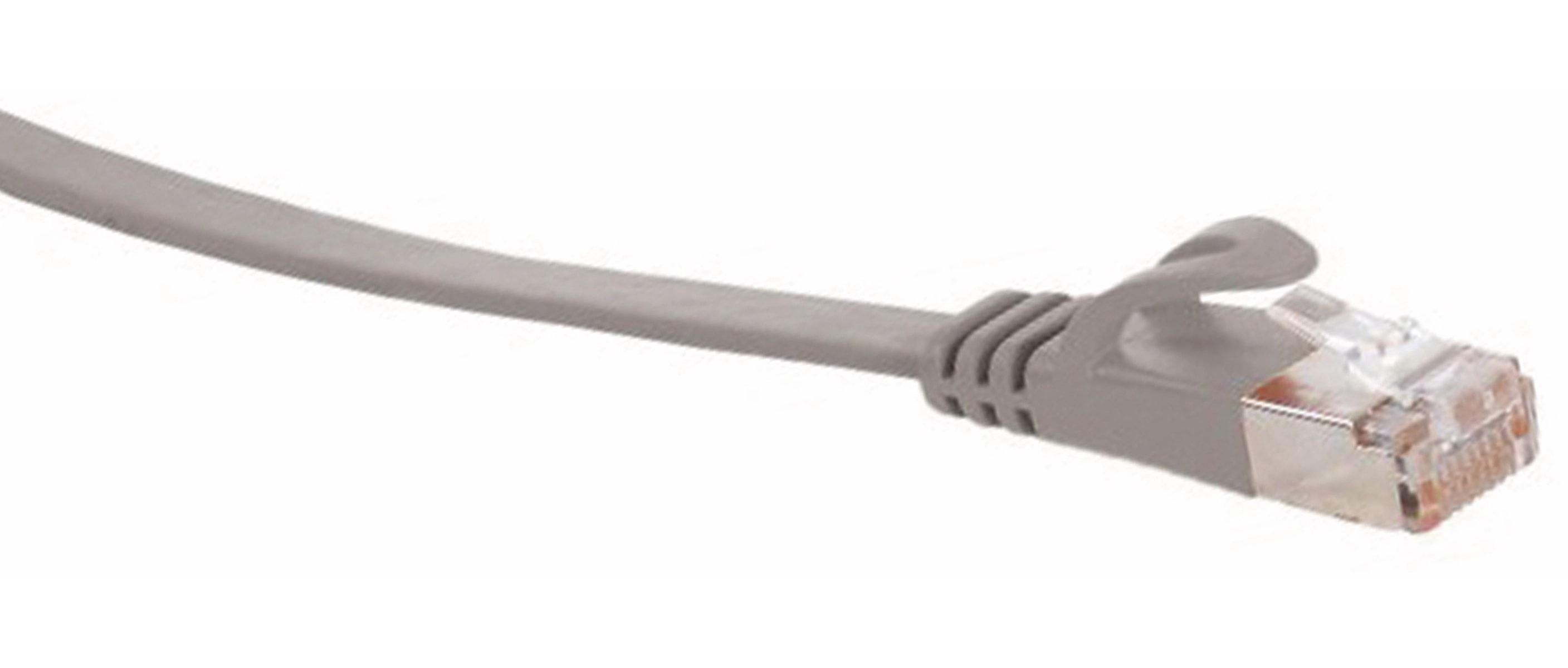 Ein graues Ethernet-Kabel mit einem Stecker auf weißem Hintergrund.