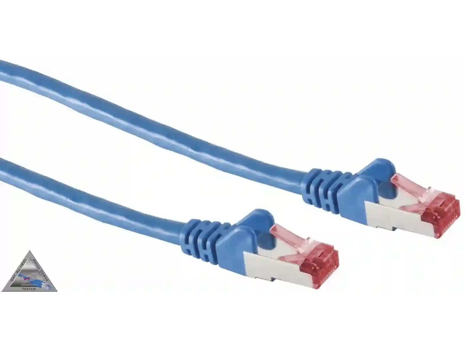 Zwei blaue Netzwerkkabel mit Steckern an jedem Ende, vor weißem Hintergrund.