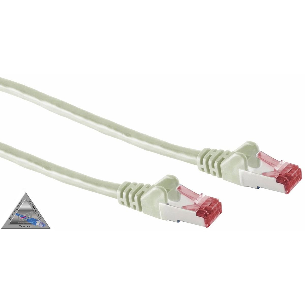 Zwei graue Netzwerkkabel mit roten Steckern. Weiße Kabelstecker mit roten Laschen.