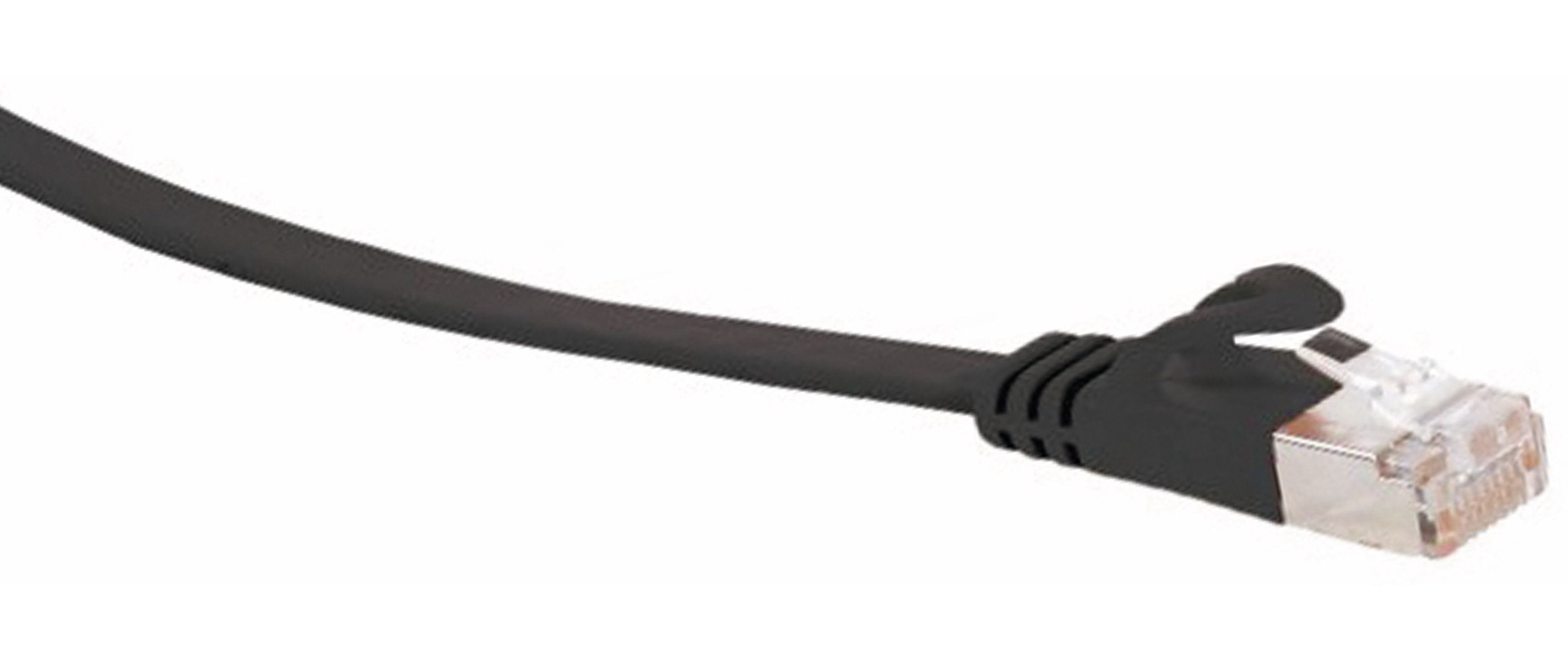 Schwarzes Netzwerkkabel mit Stecker. Das Kabel liegt auf weißem Hintergrund.