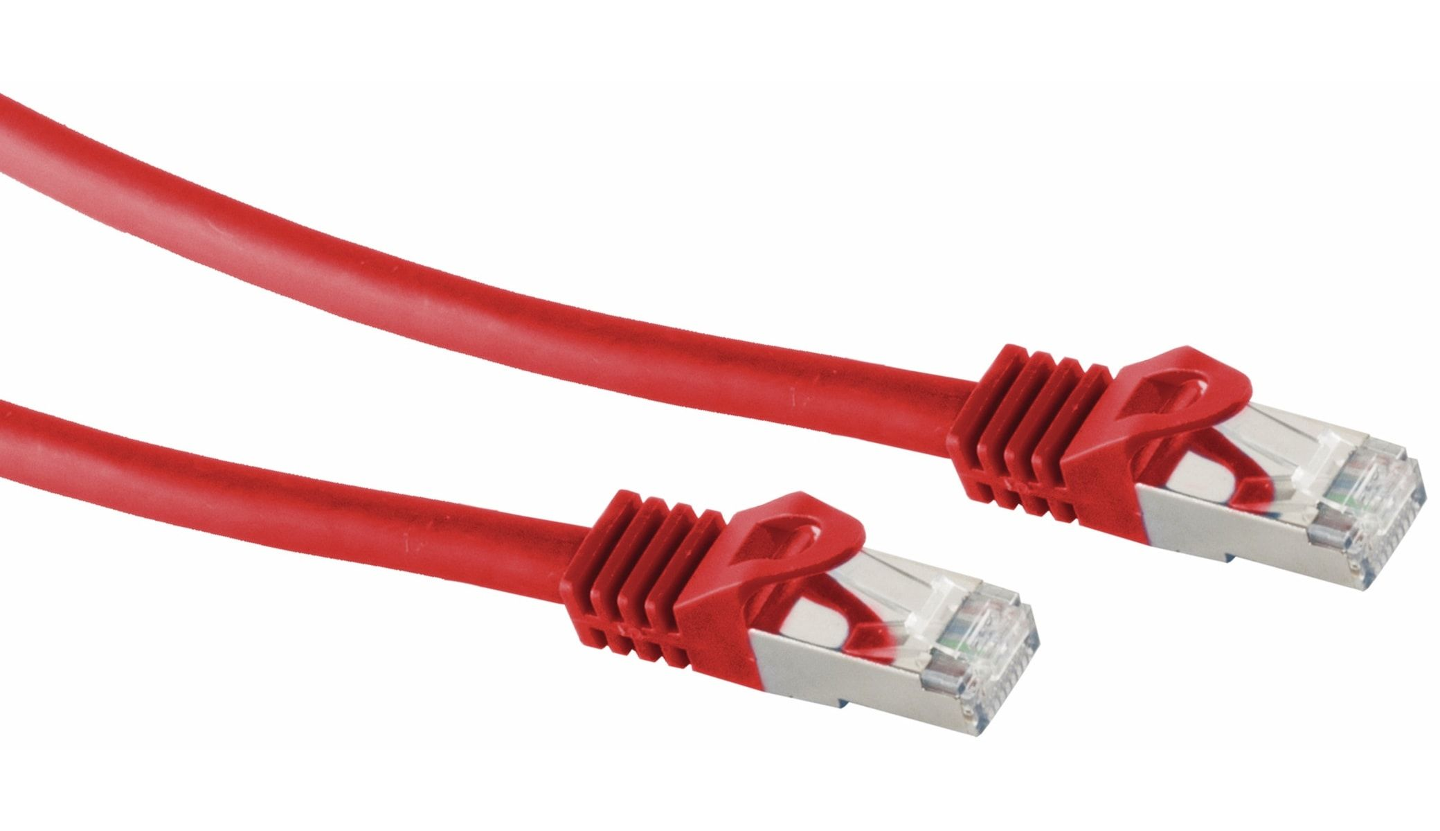 Due cavi di rete rossi con connettori RJ45. I cavi sono su sfondo bianco.