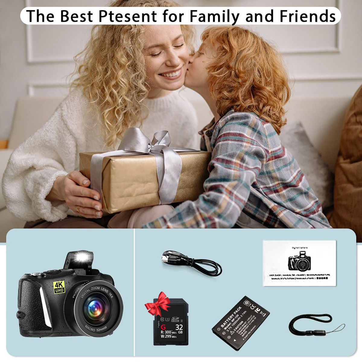 Eine Frau und ein Kind tauschen ein Geschenk mit einer Kamera und Zubehör in einer Präsentationsumgebung aus.