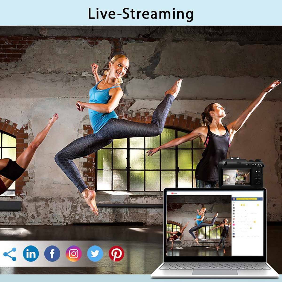 Live-Streaming mit Tänzern, einem Laptop und Social-Media-Symbolen.