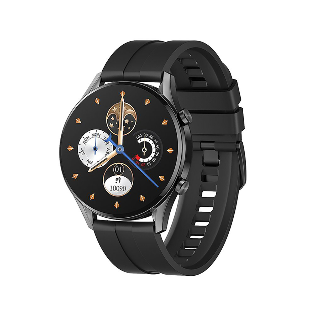 Eine schwarze Smartwatch, das Zifferblatt zeigt eine Uhr und andere Informationen.