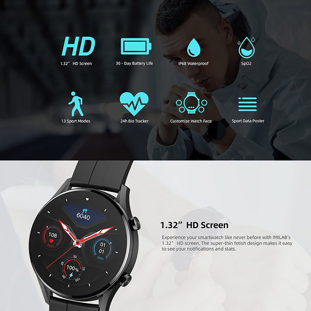 Smartwatch mit mehreren Symbolen, im Hintergrund ein Mann mit Kapuzenpullover.