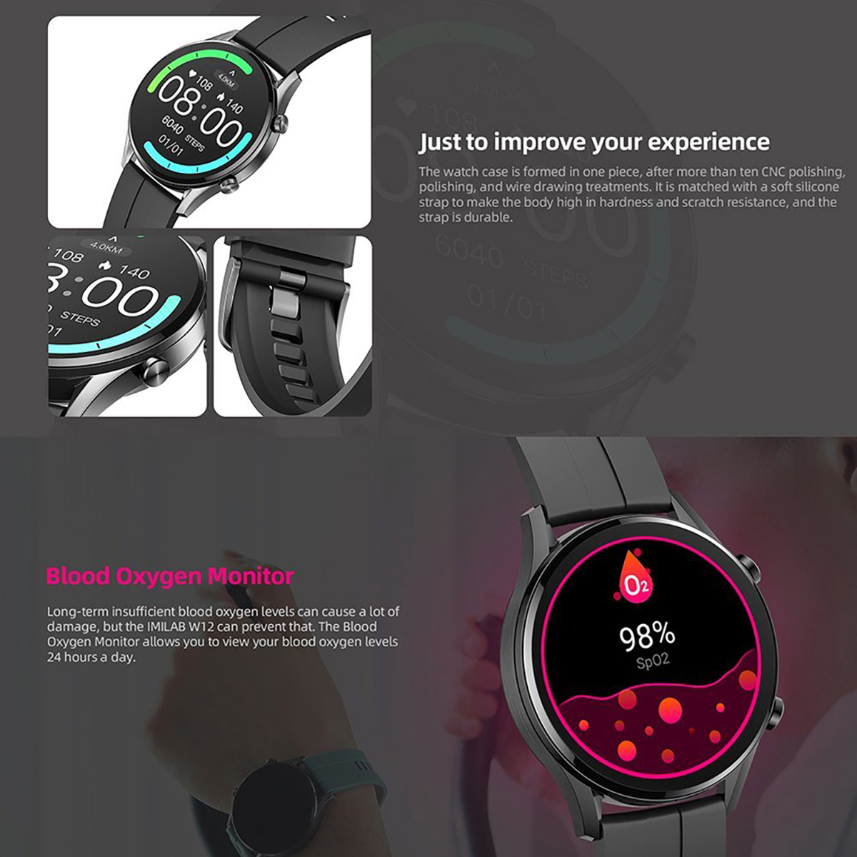 Smartwatch mit Anzeige von Zeit, Schritten und Blutsauerstoffgehalt.