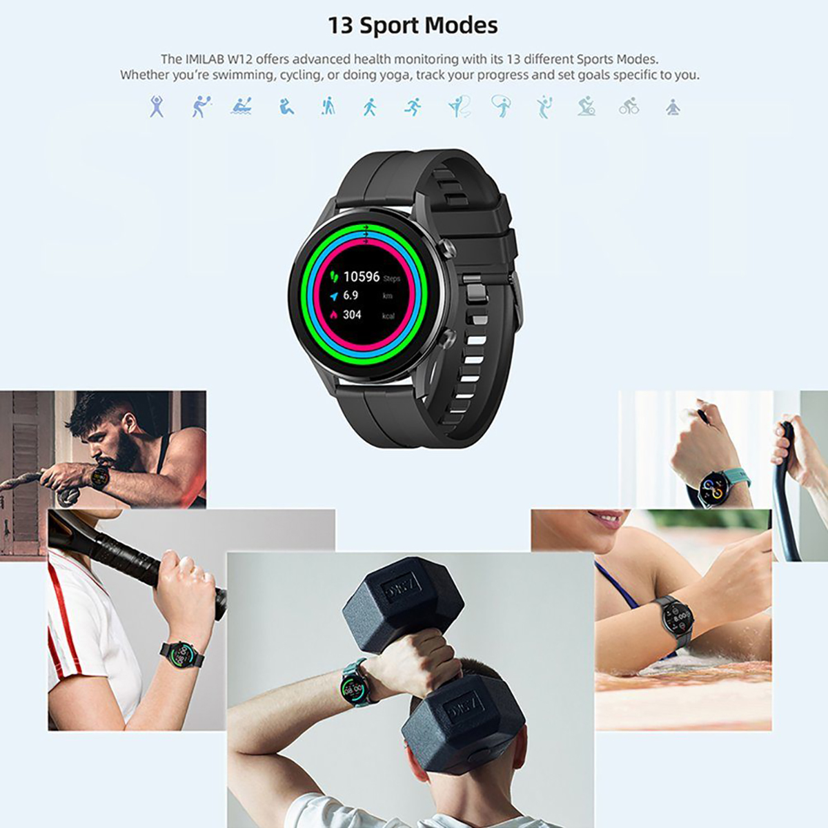 Smartwatch mit Anzeige von Schritten und Aktivitätsverfolgung, mit Bildern verschiedener Aktivitäten.
