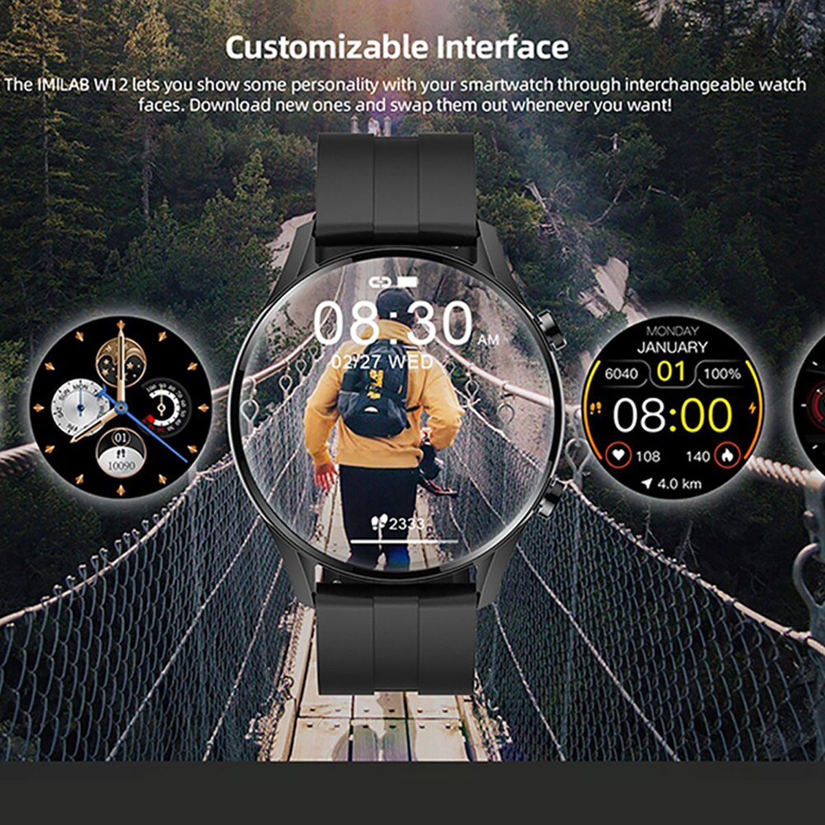 Eine Smartwatch mit drei verschiedenen Zifferblättern und eine Person mit gelber Jacke, die auf einer Brücke geht.