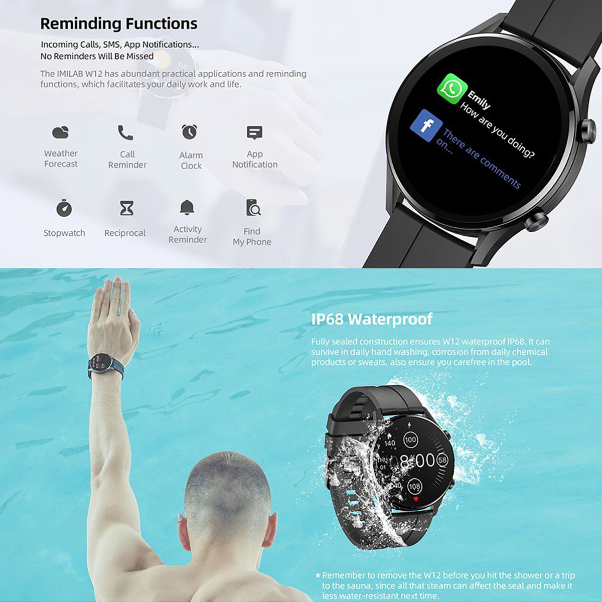 Smartwatch-Bildschirm mit Social-Media-Benachrichtigungen und Person im Wasser.