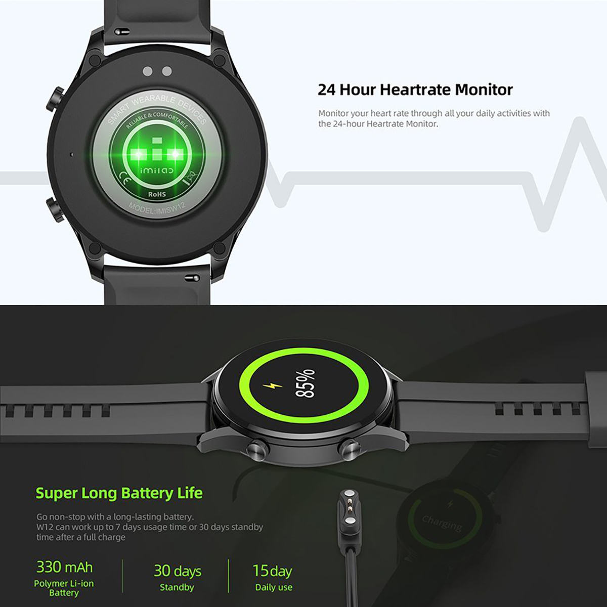 Eine Smartwatch, die Akku und Herzfrequenz anzeigt. Ladekabel. Schwarz und Weiß.