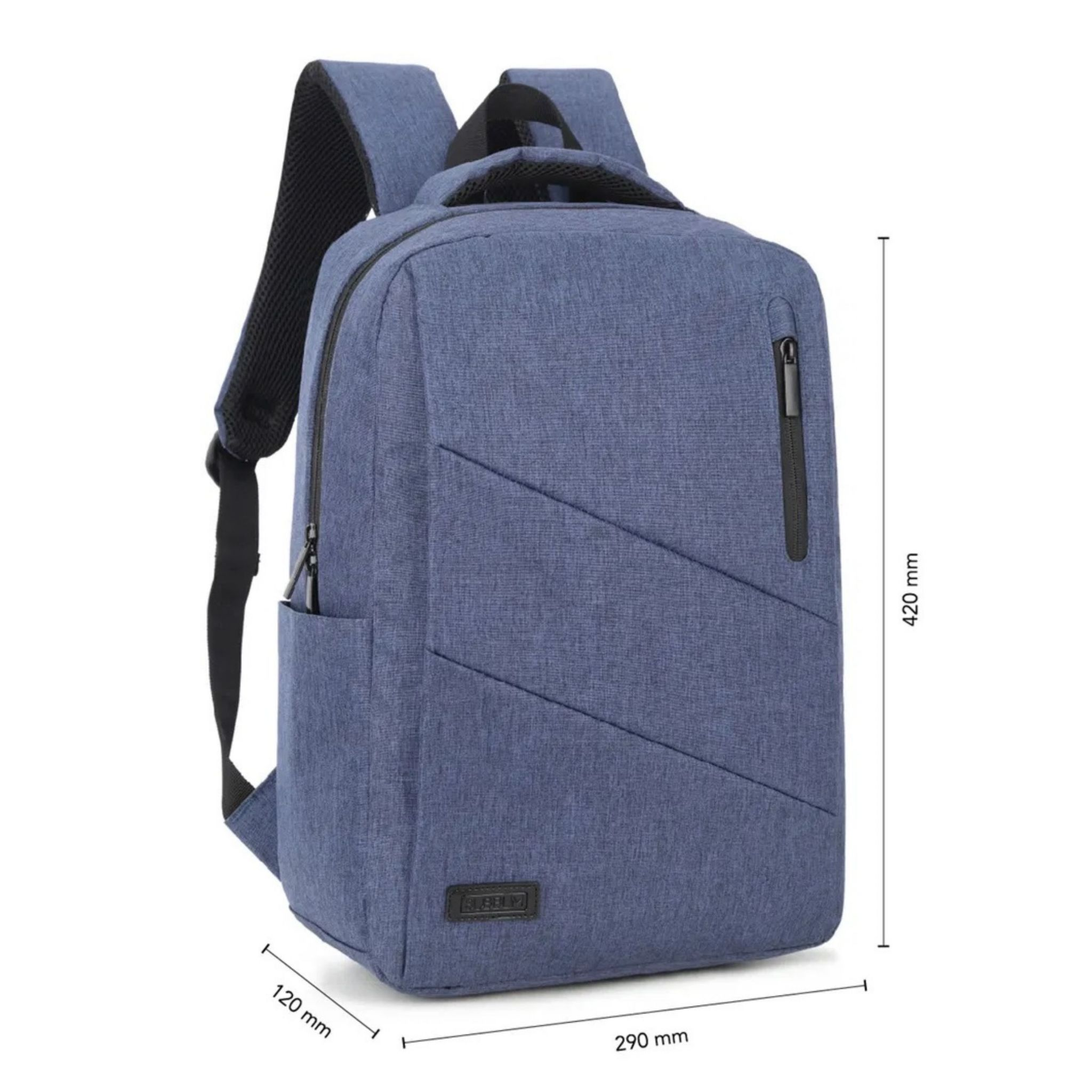 Mochila azul con dimensiones, fondo blanco.