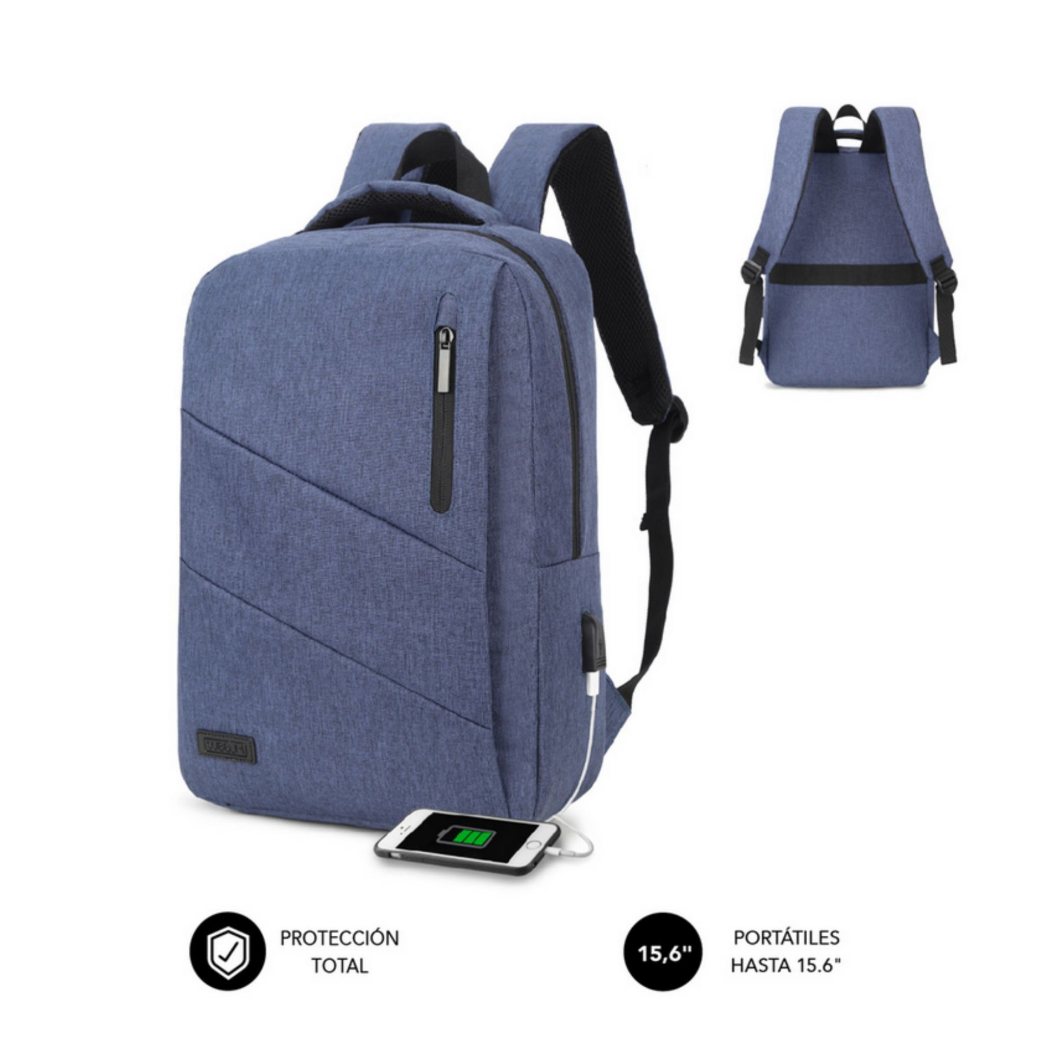Una mochila gris y negra con varias dimensiones.