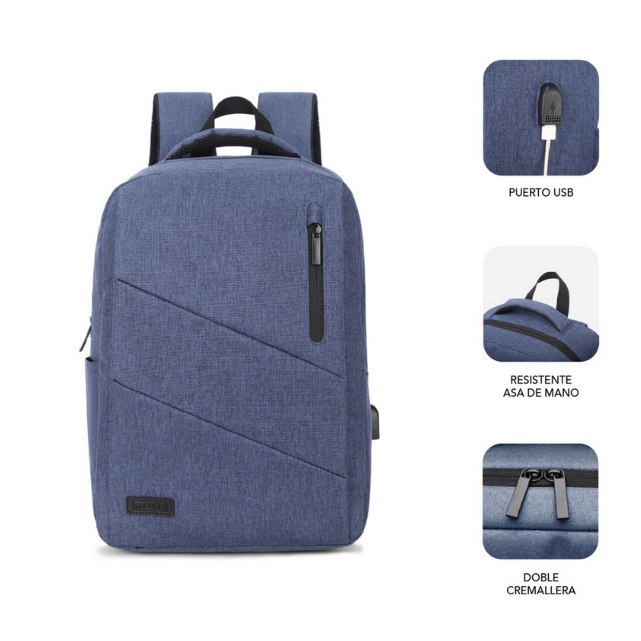 Una mochila azul con puerto USB y características, incluyendo un asa y detalles de cremallera.