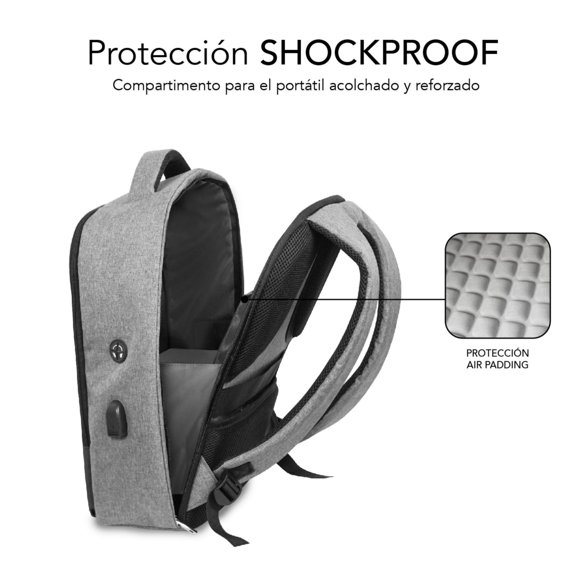 Una mochila gris con compartimento para portátil y sistema de soporte lumbar.