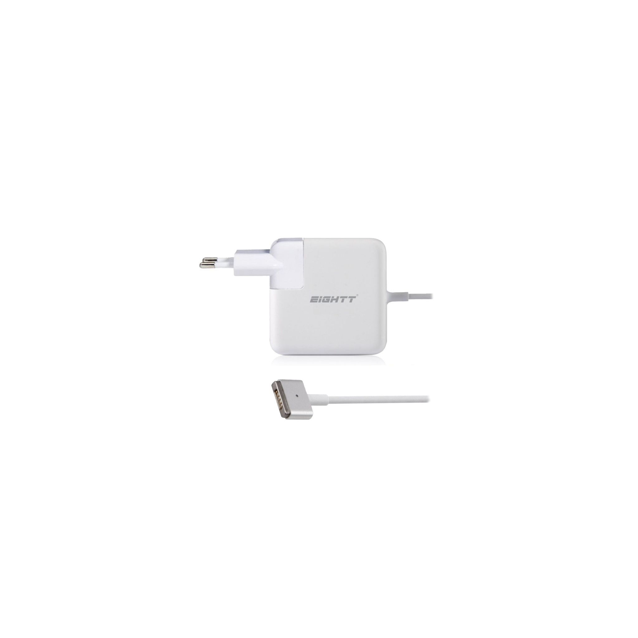 Cargador de portátil blanco con enchufe y conector de carga magnético separado.