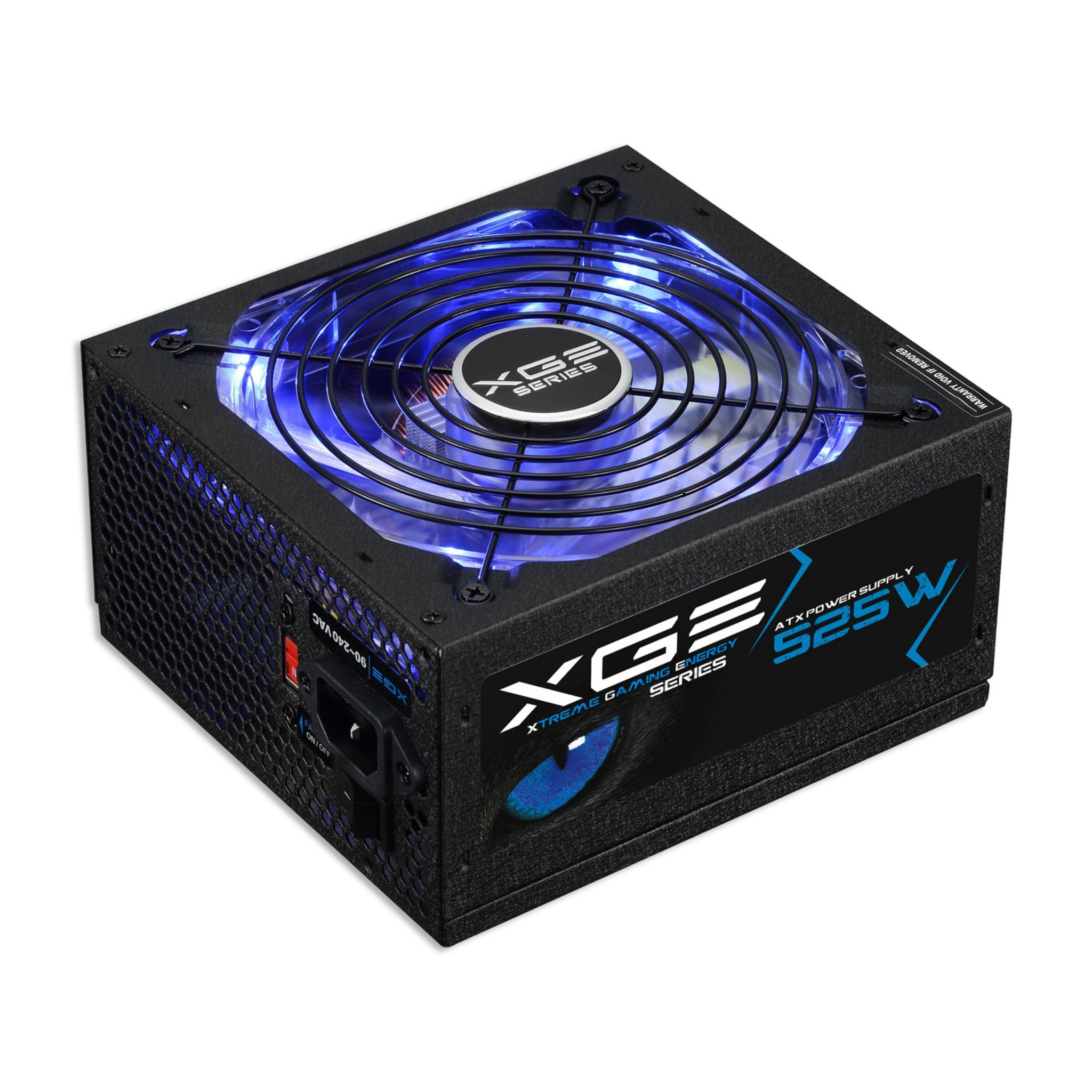 Zwarte computer voeding met blauwe ventilator en XGE Series logo.