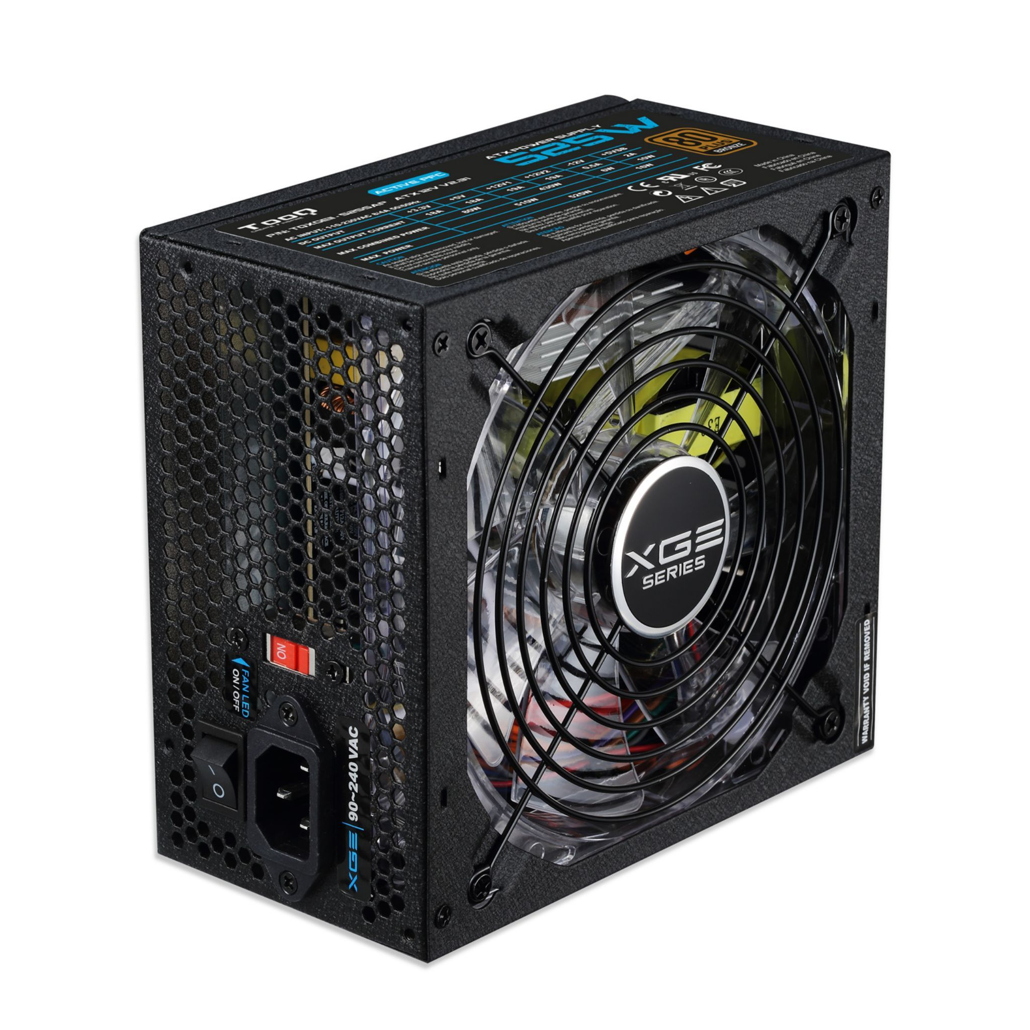 Een zwarte voeding met een ventilator, met het label 'XGE SERIES' en '1000W'. Het heeft meerdere poorten en kabels.