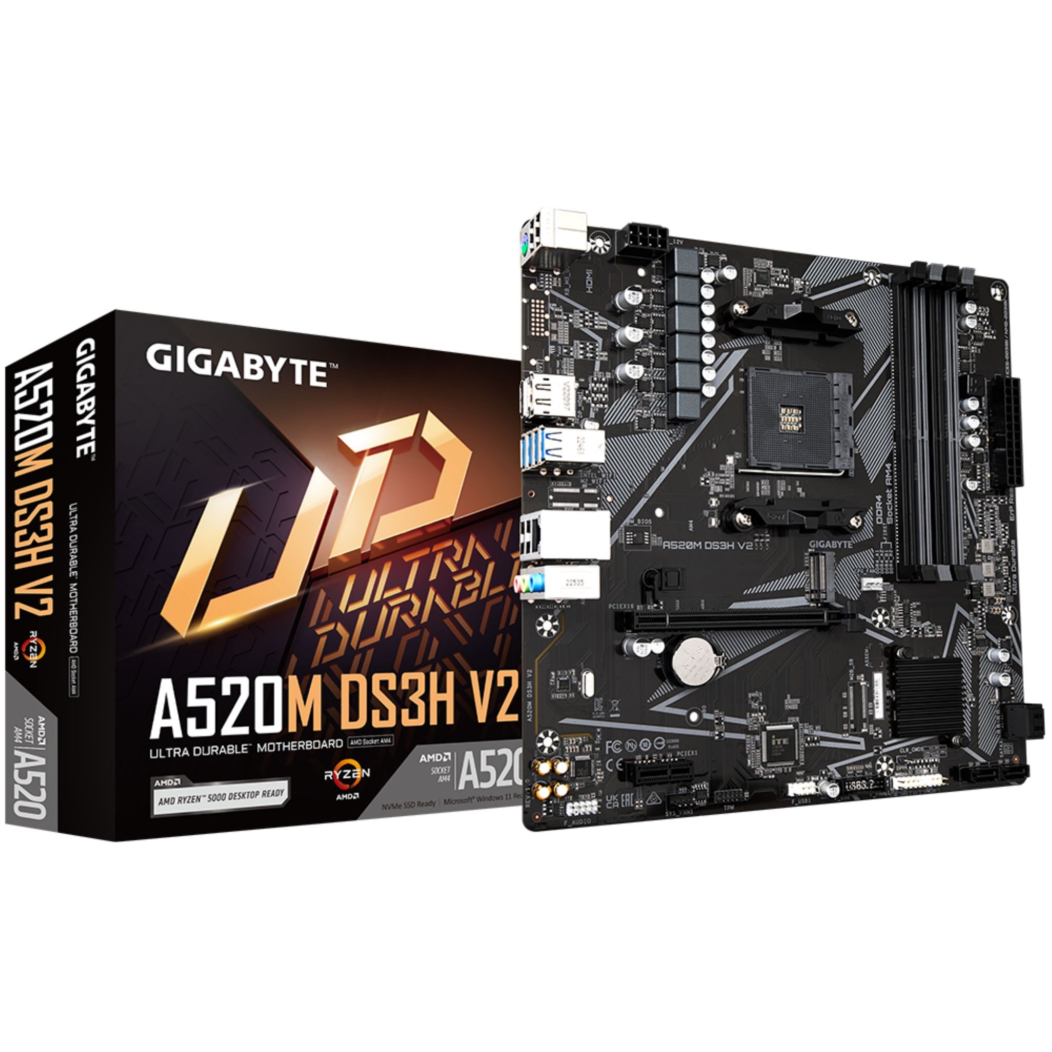 Una placa base negra con una caja a la izquierda. El texto en la caja dice Gigabyte, A520M DS3H V2.