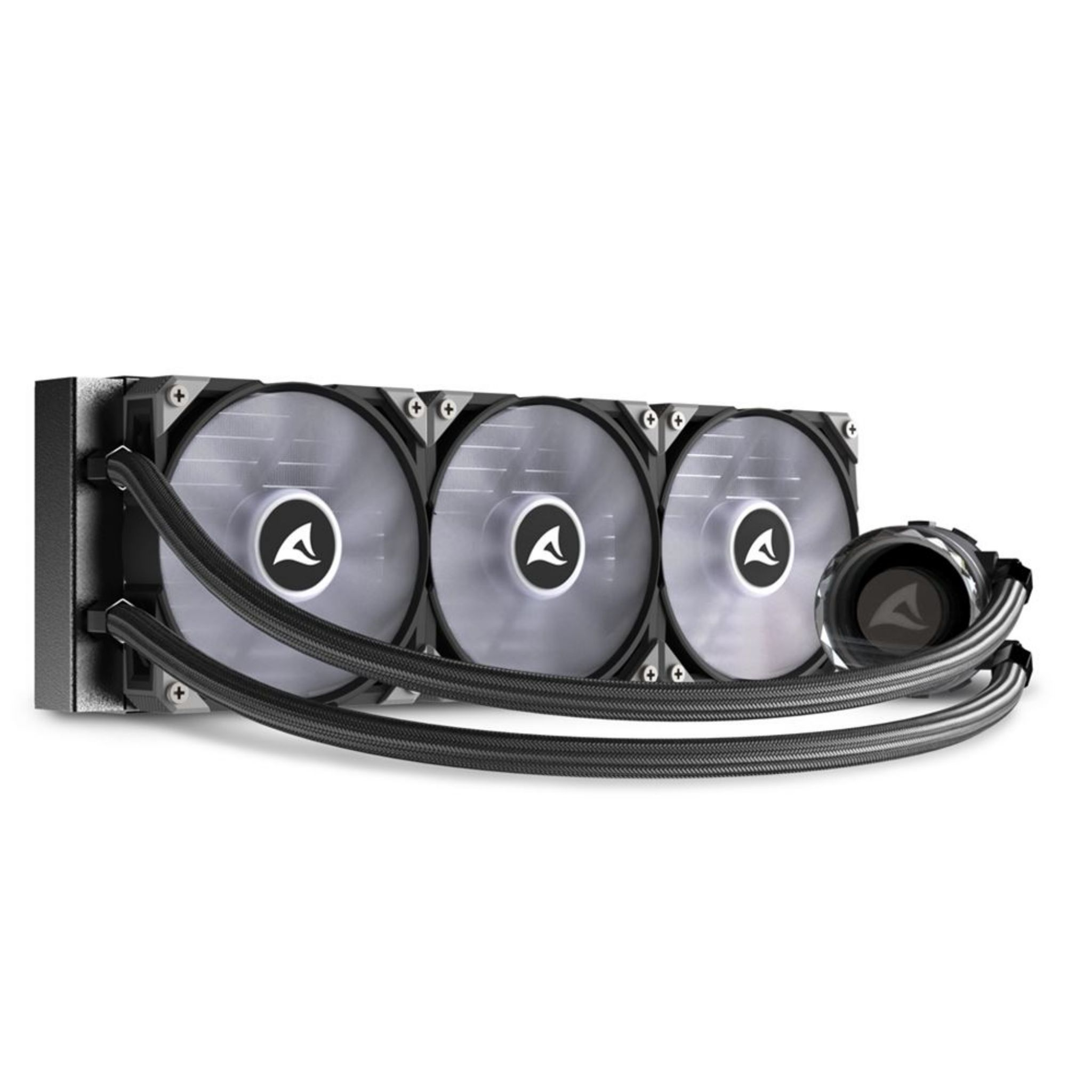 Computer-Kühlsystem mit drei Lüftern und Schläuchen. Schwarz-Silber-Farbschema.