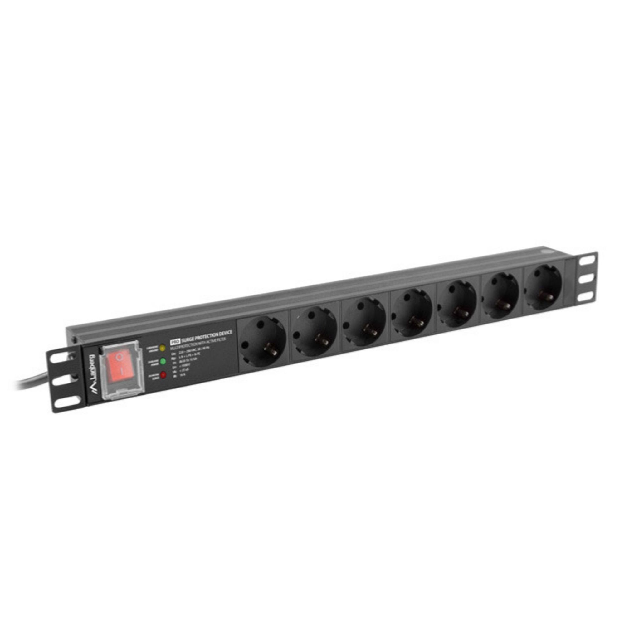 Regleta negra con múltiples enchufes y un interruptor rojo.