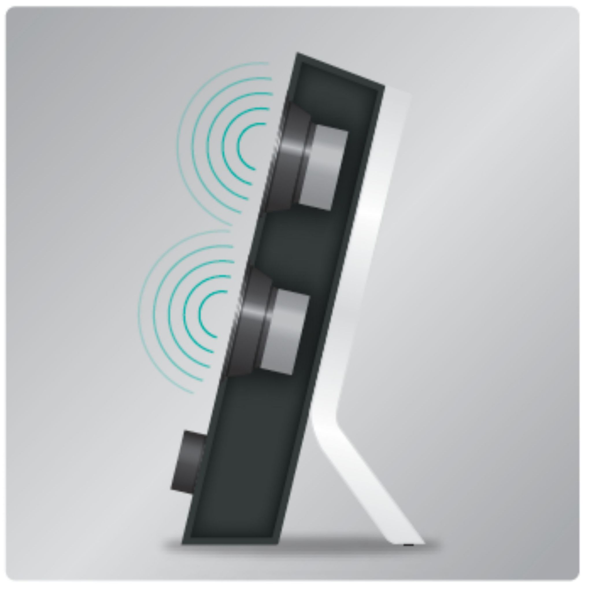 Un altavoz con dos altavoces en su interior, con ondas de sonido que emanan de los altavoces.