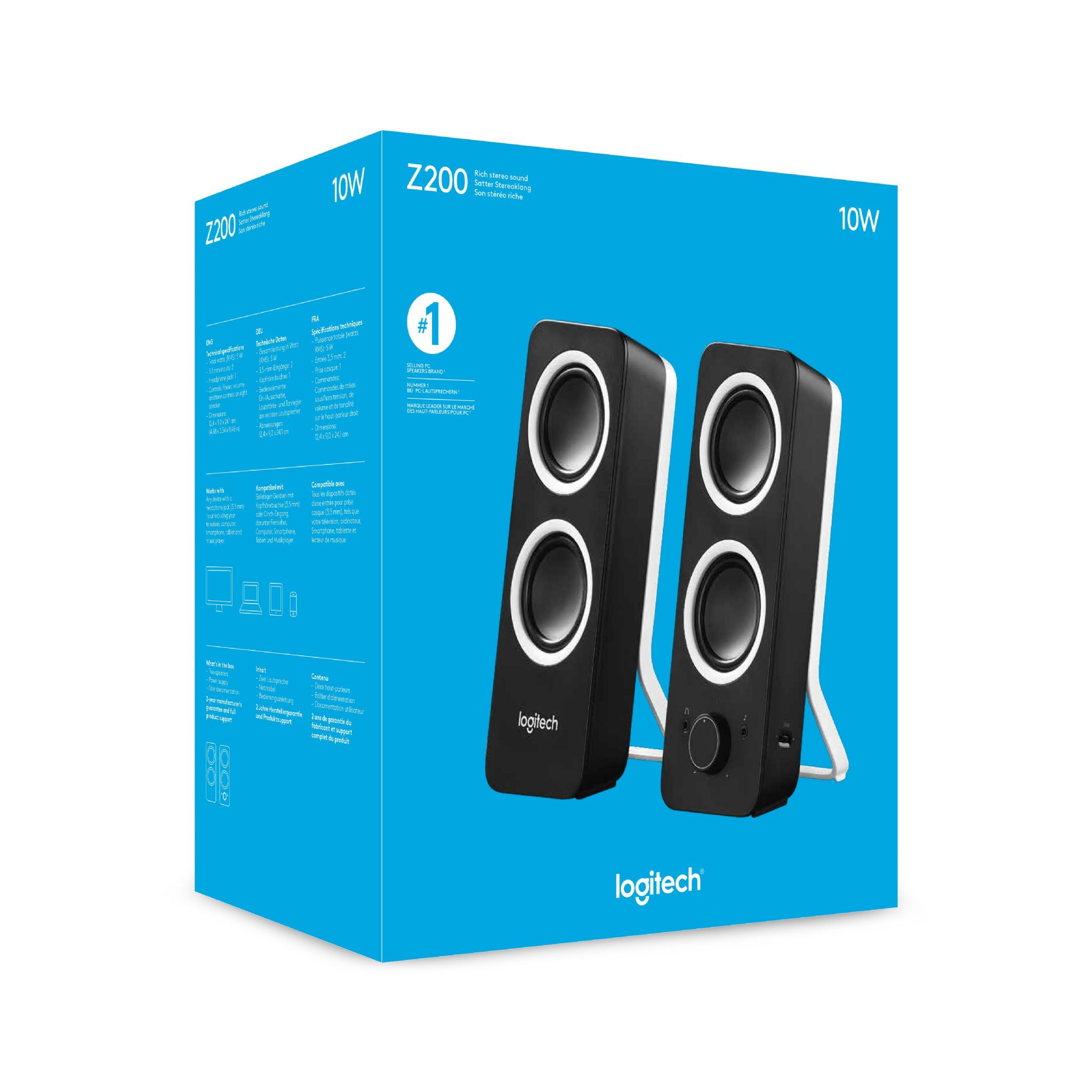 Dos altavoces Logitech negros en una caja, con un soporte blanco. La caja tiene texto y un número 1.