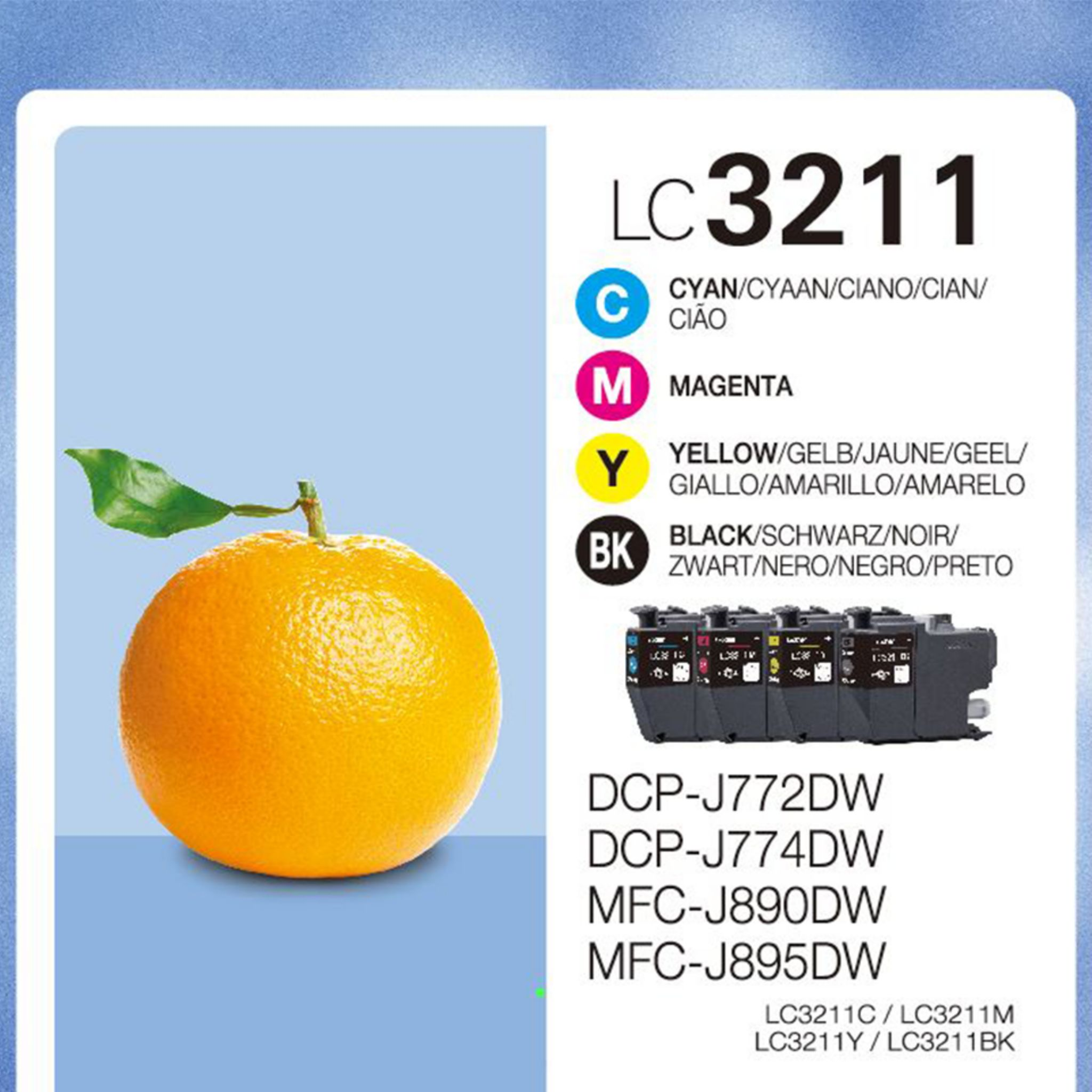 Kartridże z tuszem i pomarańcza. Etykiety pokazują kolory: Cyjan, Magenta, Żółty i Czarny.