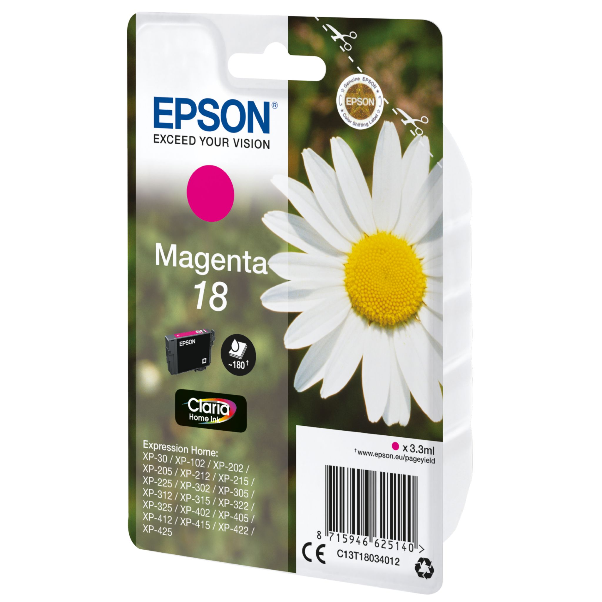 Confezione di cartucce d'inchiostro Epson. È bianca e verde con una cartuccia d'inchiostro rosa visibile.