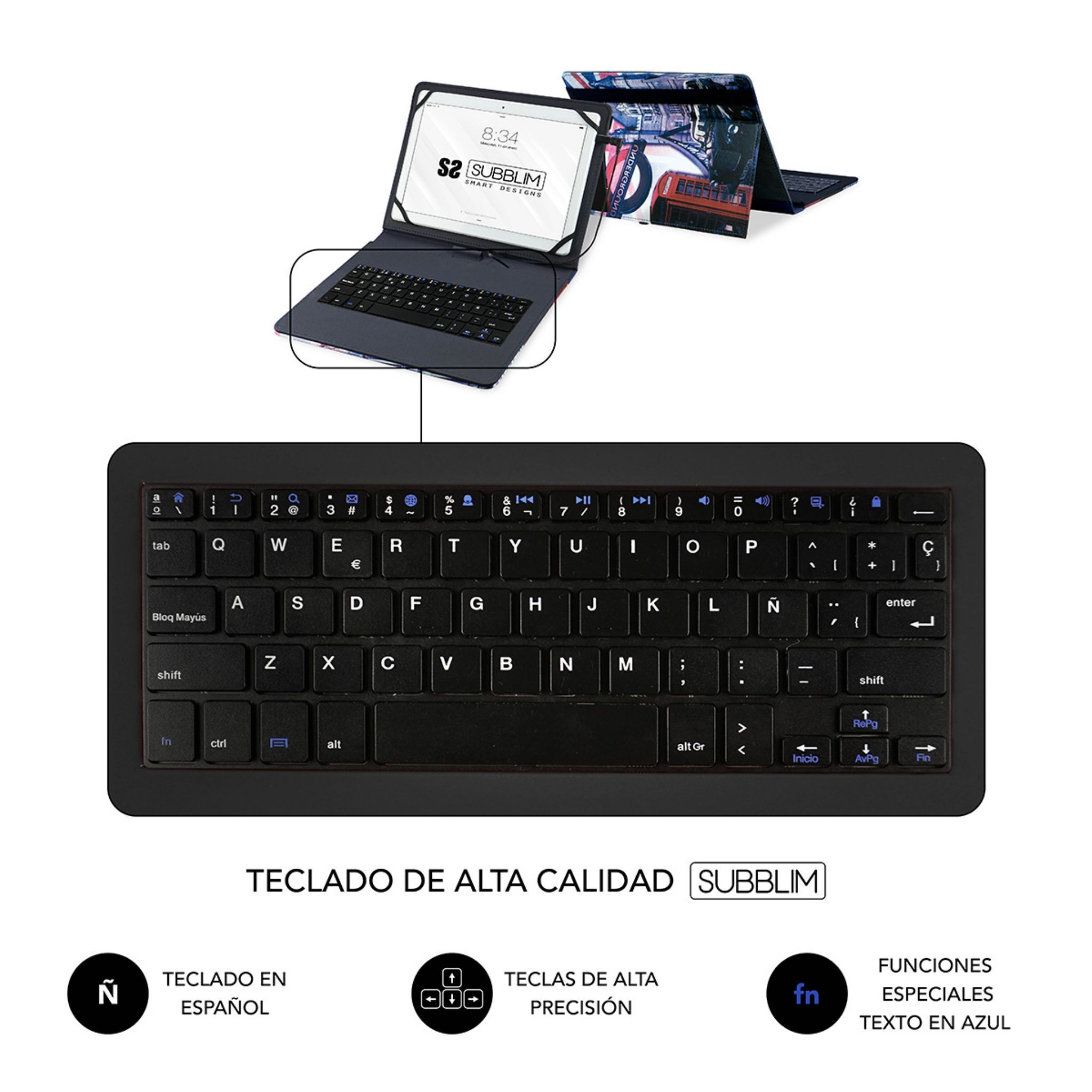 Un teclado negro con una tableta encima. El teclado tiene texto en español y teclas de función especiales en azul.