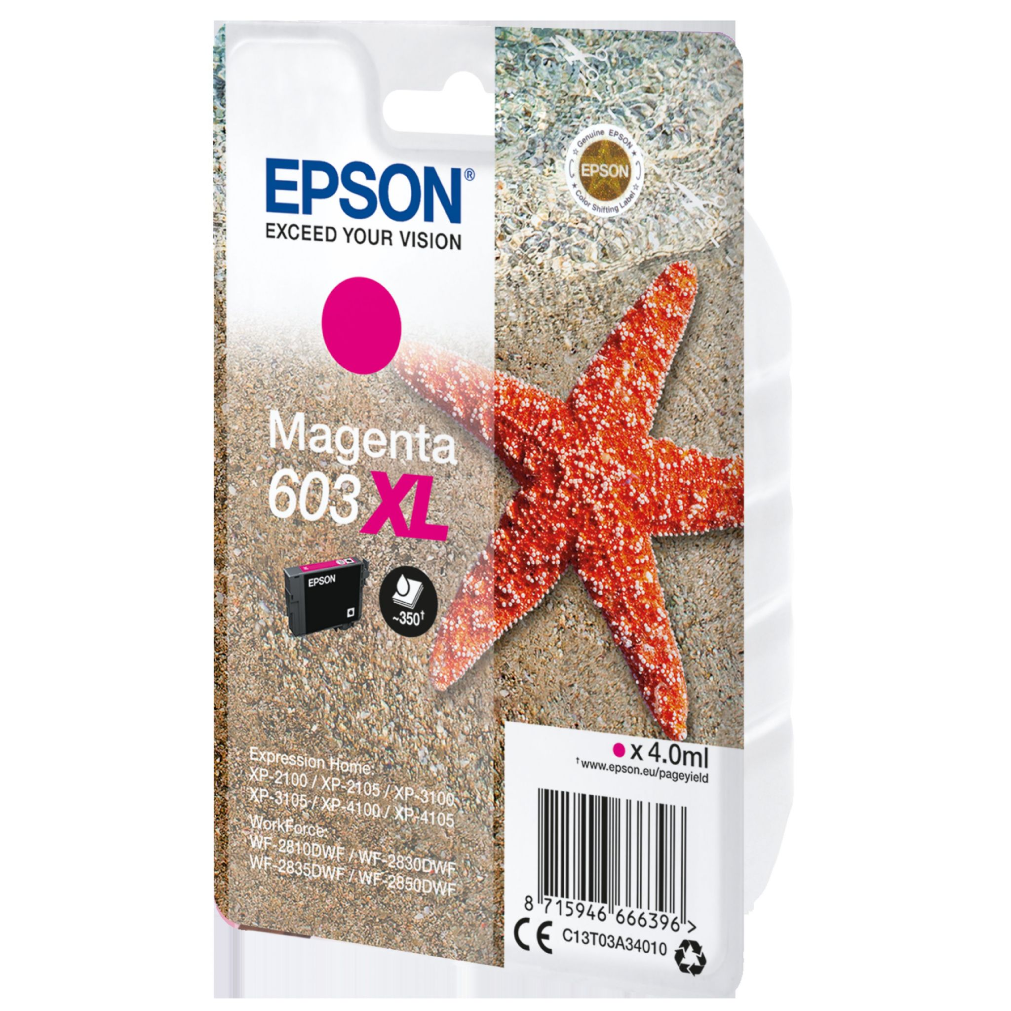 Wkład atramentowy Epson Magenta z tłem w postaci rozgwiazdy i plaży.