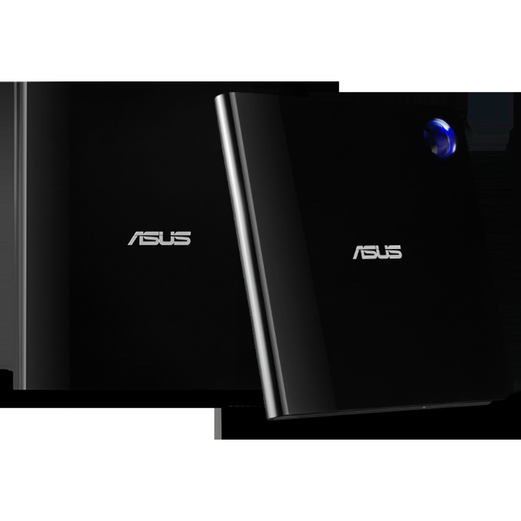 Dwa czarne laptopy ASUS, jeden zamknięty i jeden otwarty, z logo ASUS na pokrywach.