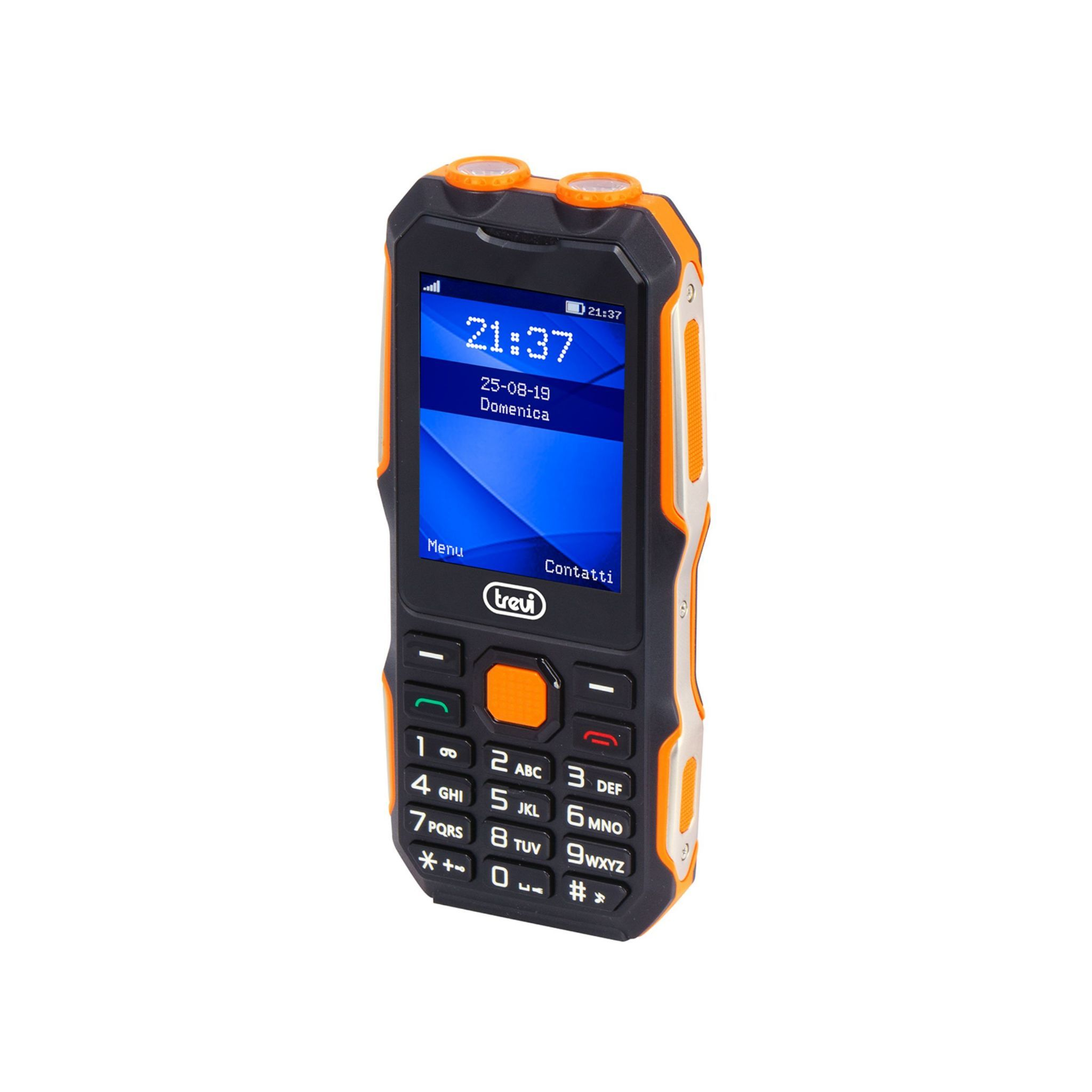 Teléfono celular resistente naranja y negro con pantalla azul mostrando hora y fecha.