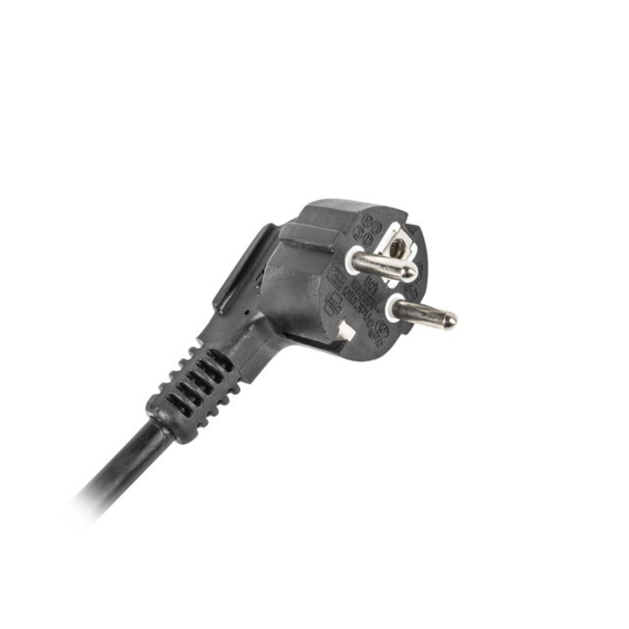 Ein schwarzes Netzkabel mit Stecker. Der Stecker hat zwei Stifte.