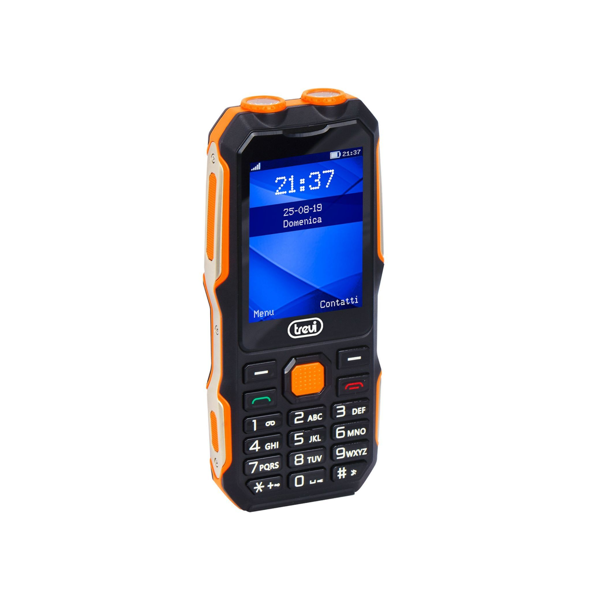 Teléfono resistente Trevi negro y naranja con pantalla que muestra hora y fecha.