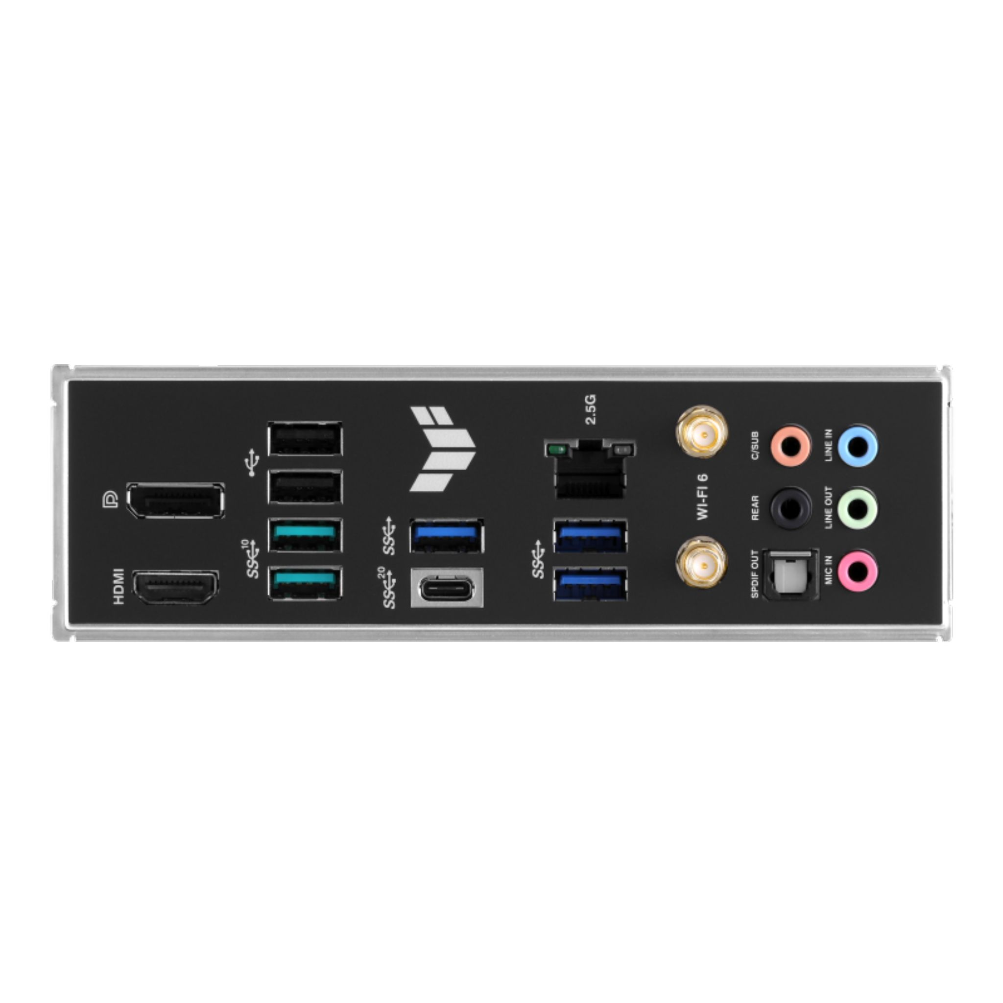 Die Rückseite eines Computer-Motherboards mit verschiedenen Anschlüssen und Steckern. Es ist silber mit schwarzen Ports.