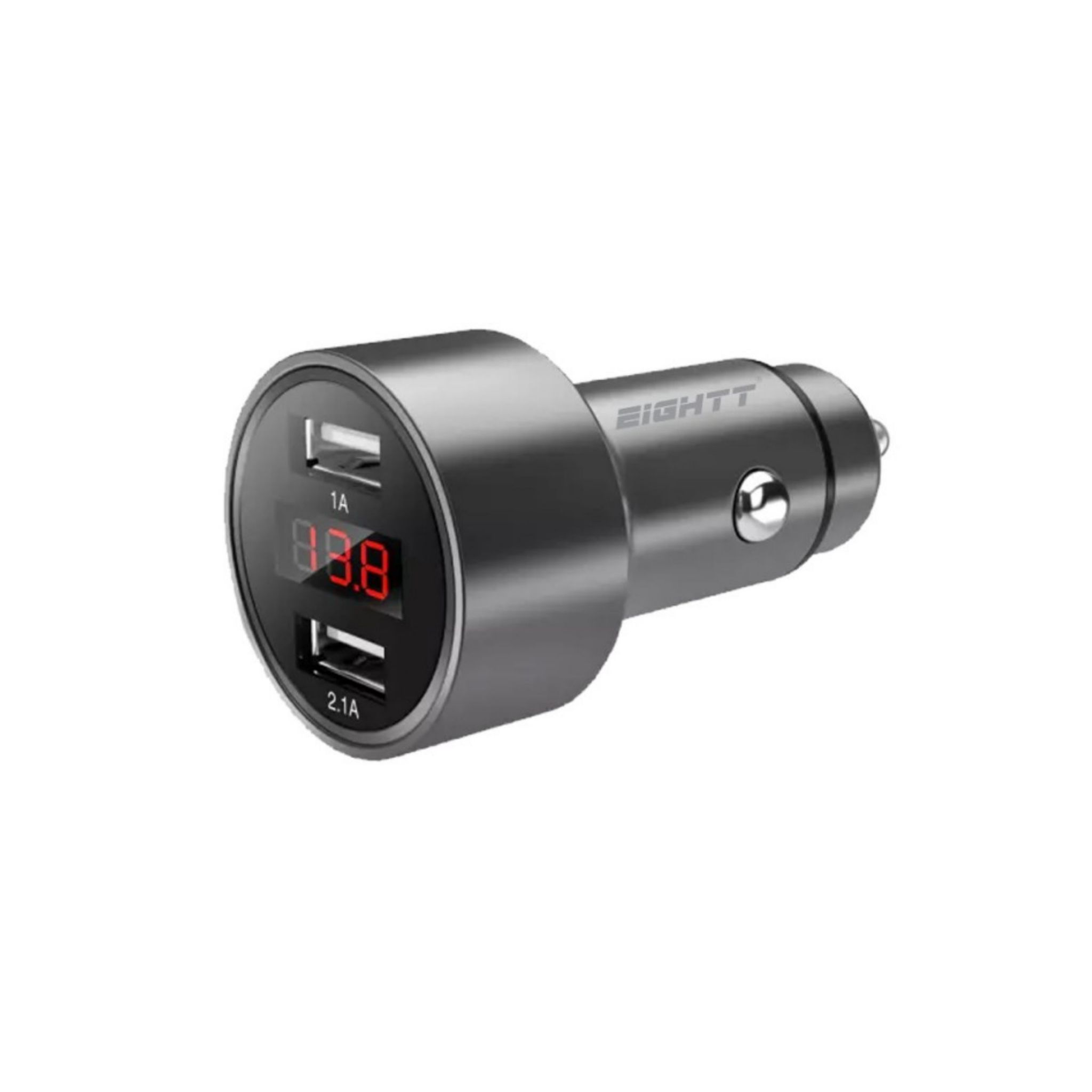 Cargador de coche con dos puertos USB, mostrando el voltaje en una pantalla digital.